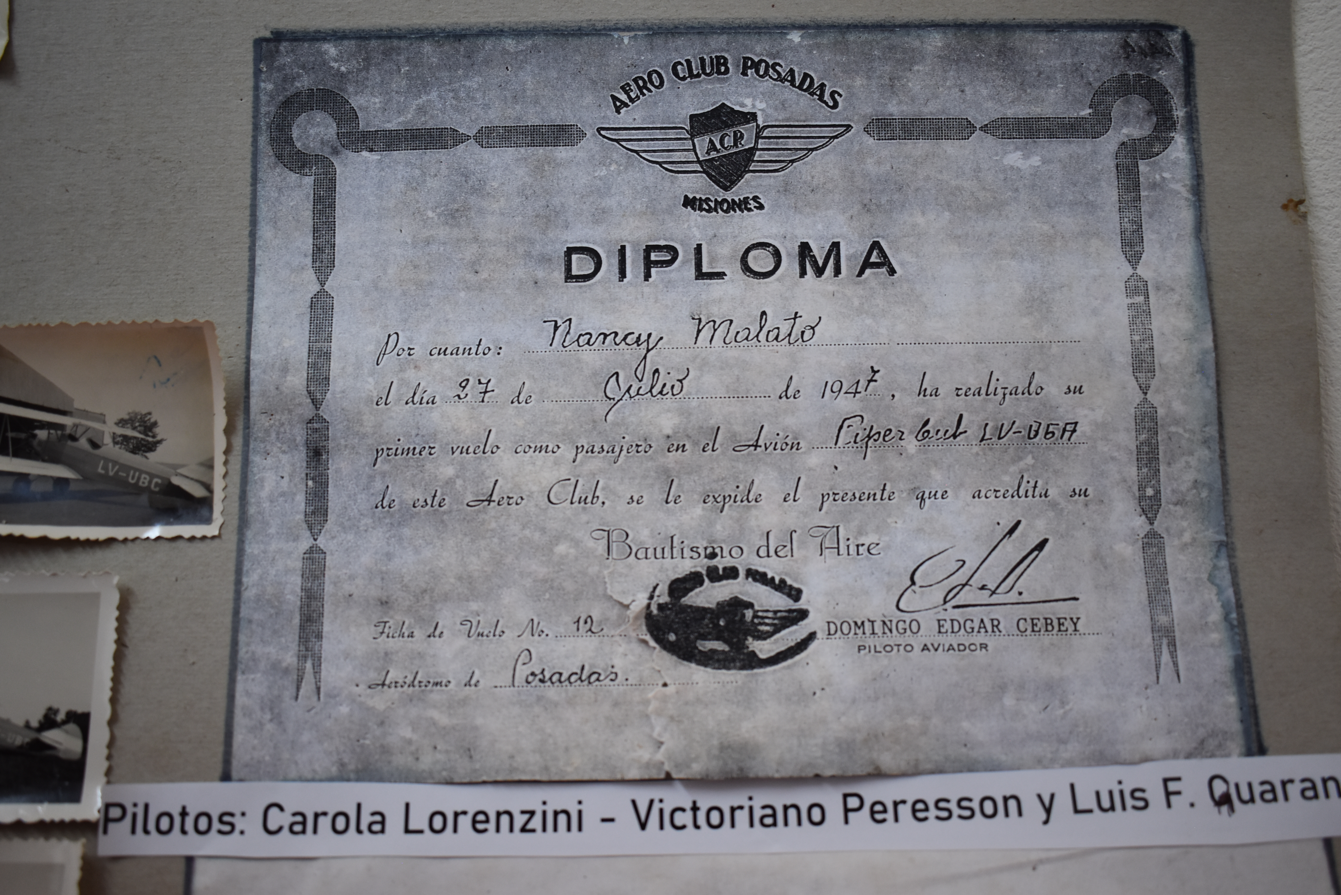 Diploma de bautismo del aire de Nancy Malato, 1947